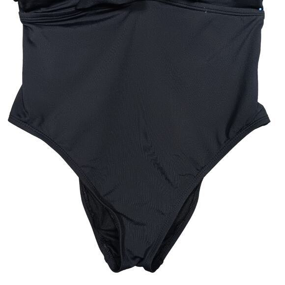 Black One Piece Bathing Suit Size Large Flared V Neckline Criss Cross Back - Picture 3 of 5